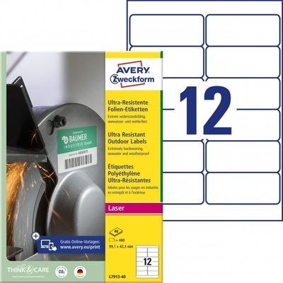 Etykiety polietylenowe ultra resistant, A4, 40 ark./op., 99,1x42,3mm, AVERY ZWECKFORM, L7913-40