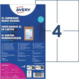 Holdery na identyfikatory A6 tekturowe, 105 x 148 mm, opak. XL 50 szt + 13 ark/52 wkłady 190 g/m; brązowa tektura, 4839XL