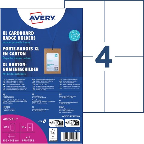 Holdery na identyfikatory A6 tekturowe, 105 x 148 mm, opak. XL 50 szt + 13 ark/52 wkłady 190 g/m; brązowa tektura, 4839XL