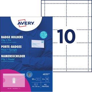 Holdery na identyfikatory z klipsem i agrafką, 54 x 90 mm, 50 szt + 5 ark/50 wkładów; przezroczyste holdery/białe wkłady 190 g/m